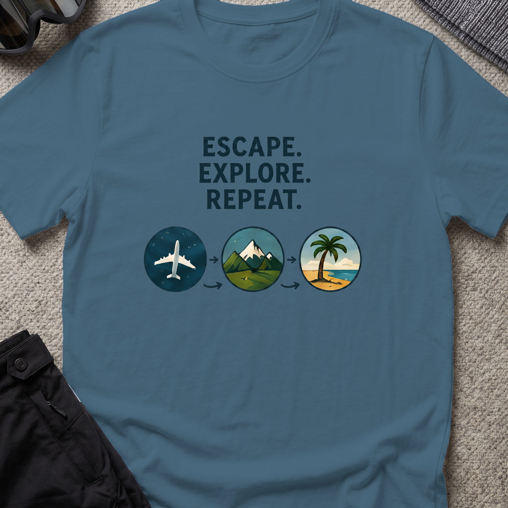 Escape Explore Repeat T-Shirt in Indigo Blue, front view.