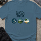 Escape Explore Repeat T-Shirt in Indigo Blue, front view.