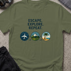 Escape Explore Repeat T-Shirt in Military Green, front view.