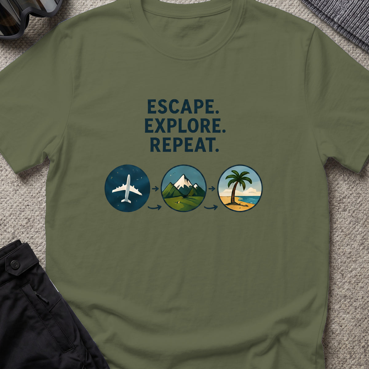 Escape Explore Repeat T-Shirt in Military Green, front view.