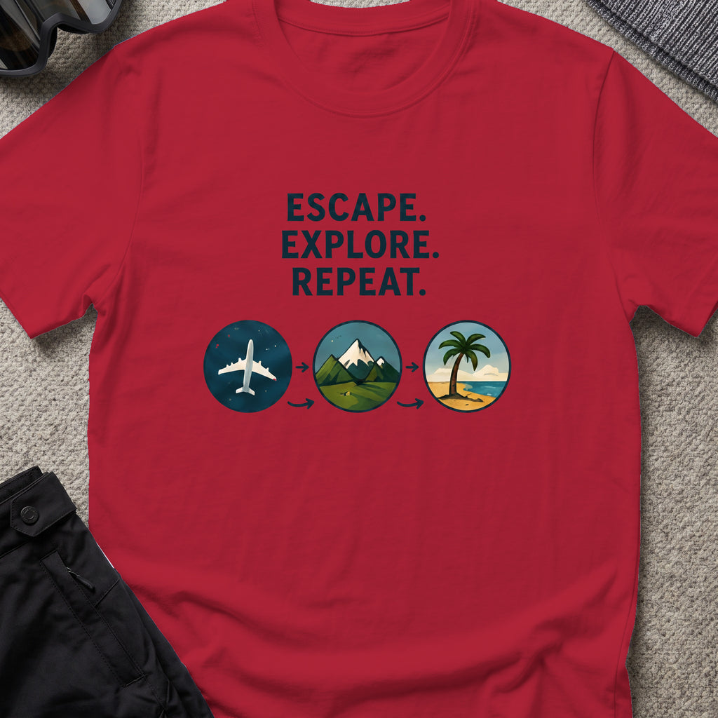 Escape Explore Repeat T-Shirt in Antique Cherry Red, front view.