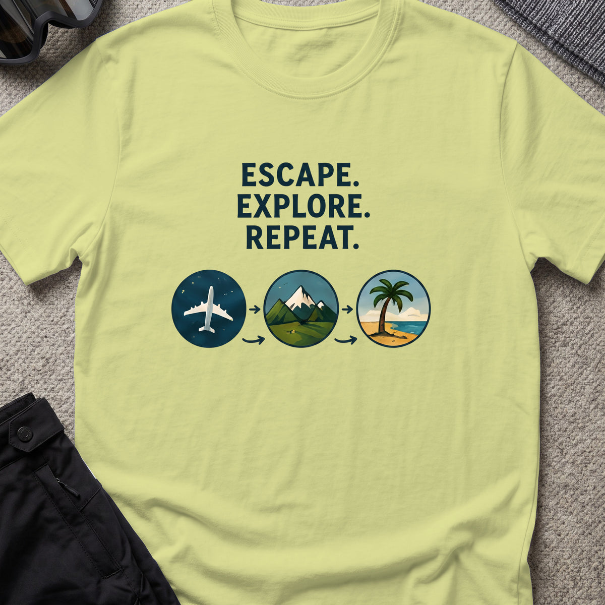 Escape Explore Repeat T-Shirt in Pistachio, front view.