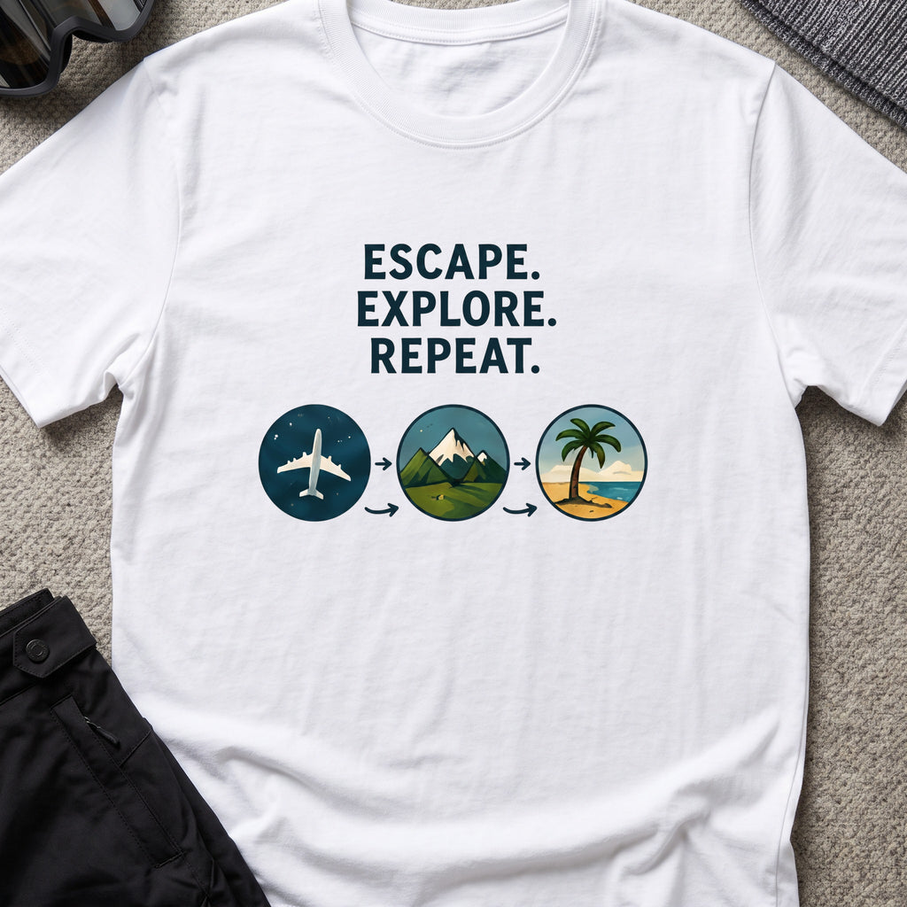 Escape Explore Repeat T-Shirt in White, front view.