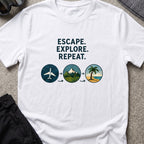 Escape Explore Repeat T-Shirt in White, front view.