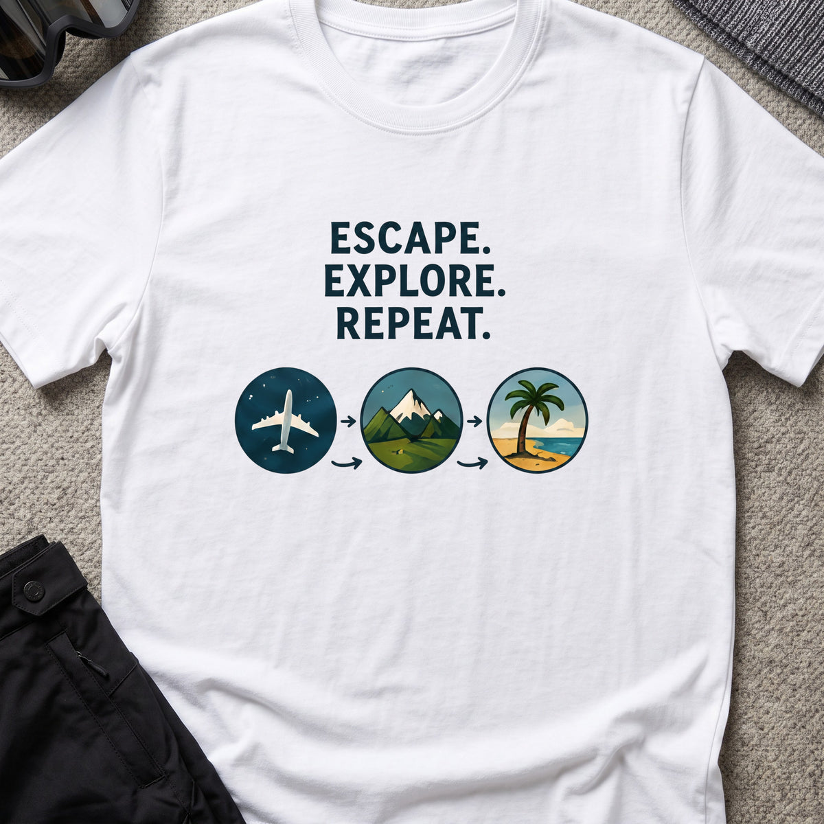 Escape Explore Repeat T-Shirt in White, front view.