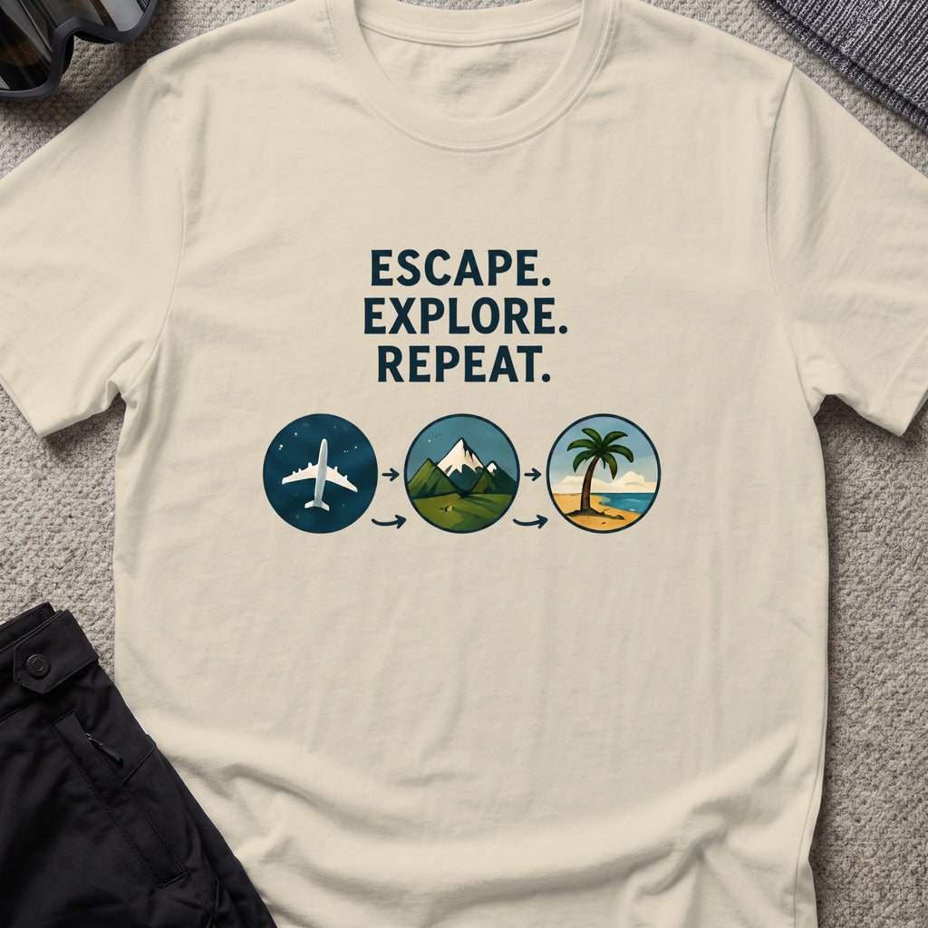 Escape Explore Repeat T-Shirt in Sand, front view.
