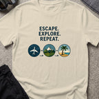 Escape Explore Repeat T-Shirt in Sand, front view.