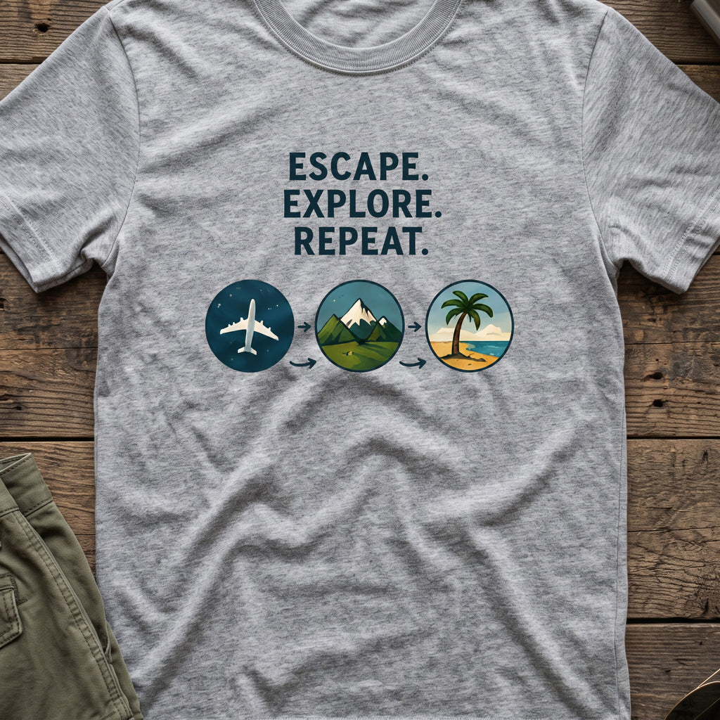 Escape Explore Repeat T-Shirt in Sport Grey, front view.