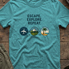 Escape Explore Repeat T-Shirt in Heather Galapagos Blue, front view.