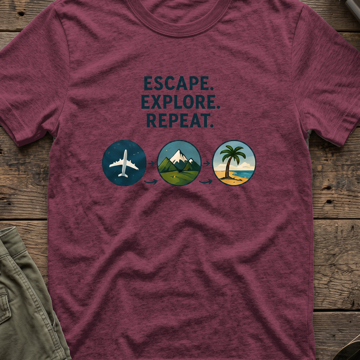 Escape Explore Repeat T-Shirt in Heather Maroon, front view.