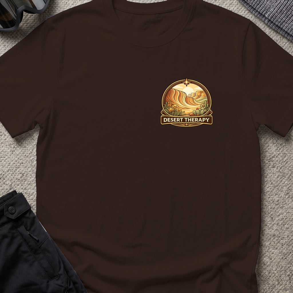Desert Therapy T-Shirt — Desert Arch in Dark Chocolate, front view.