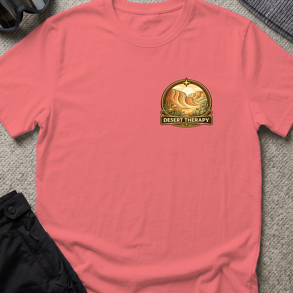 Desert Therapy T-Shirt — Desert Arch in Coral Silk, front view.