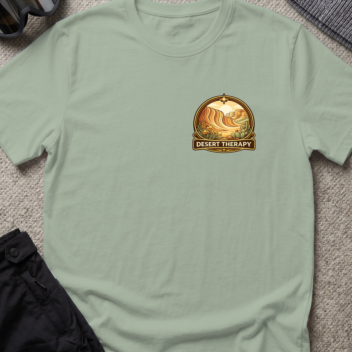Desert Therapy T-Shirt — Desert Arch in Sage, front view.