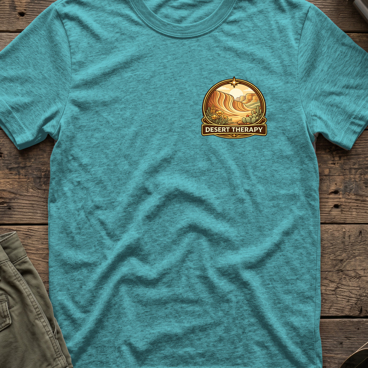 Desert Therapy T-Shirt — Desert Arch in Heather Galapagos Blue, front view.