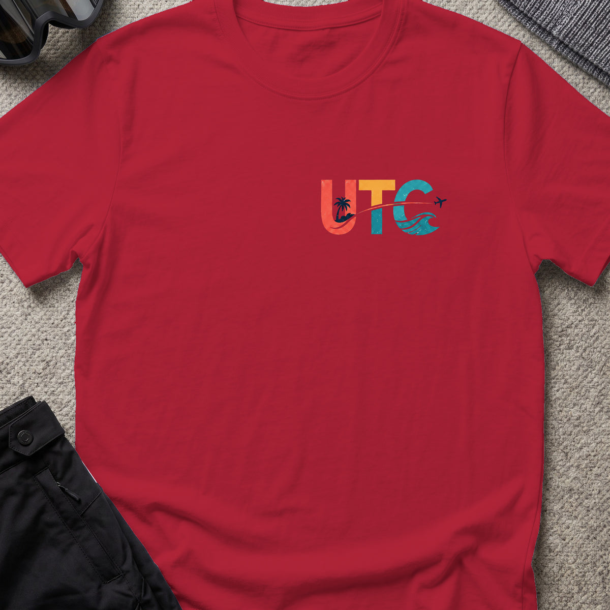 Surfs Up T-Shirt in Antique Cherry Red, front view.