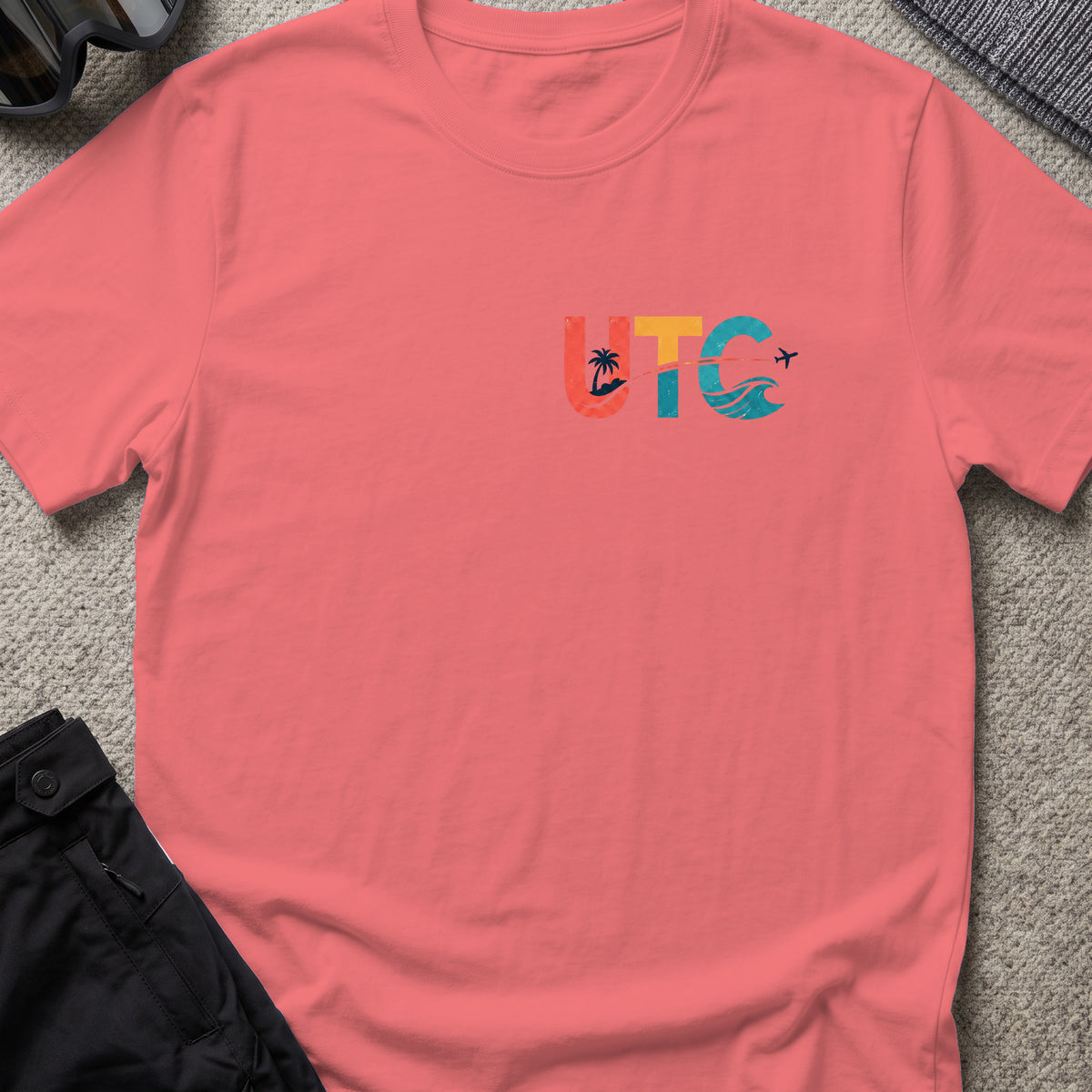 Surfs Up T-Shirt in Coral Silk, front view.