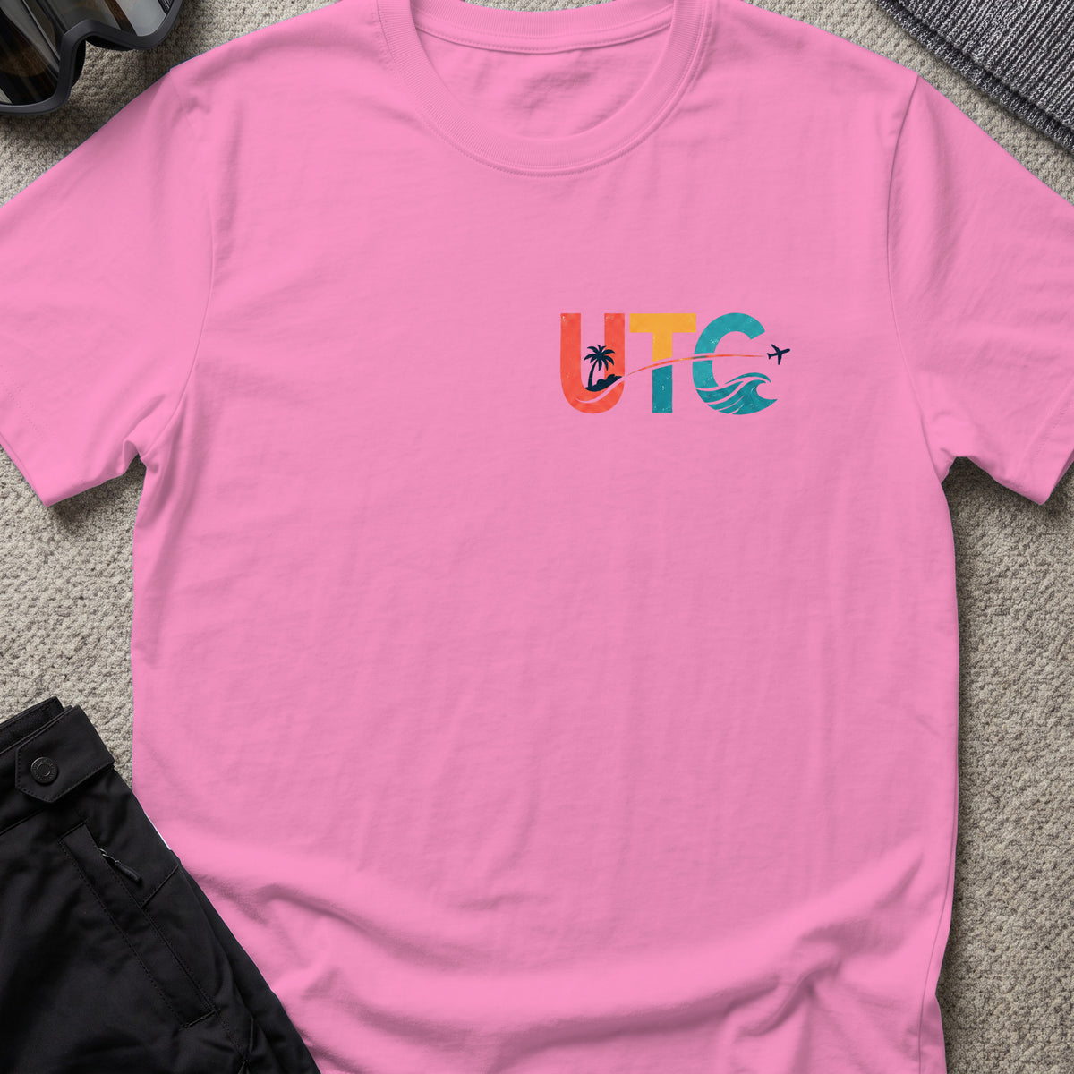 Surfs Up T-Shirt in Azalea, front view.