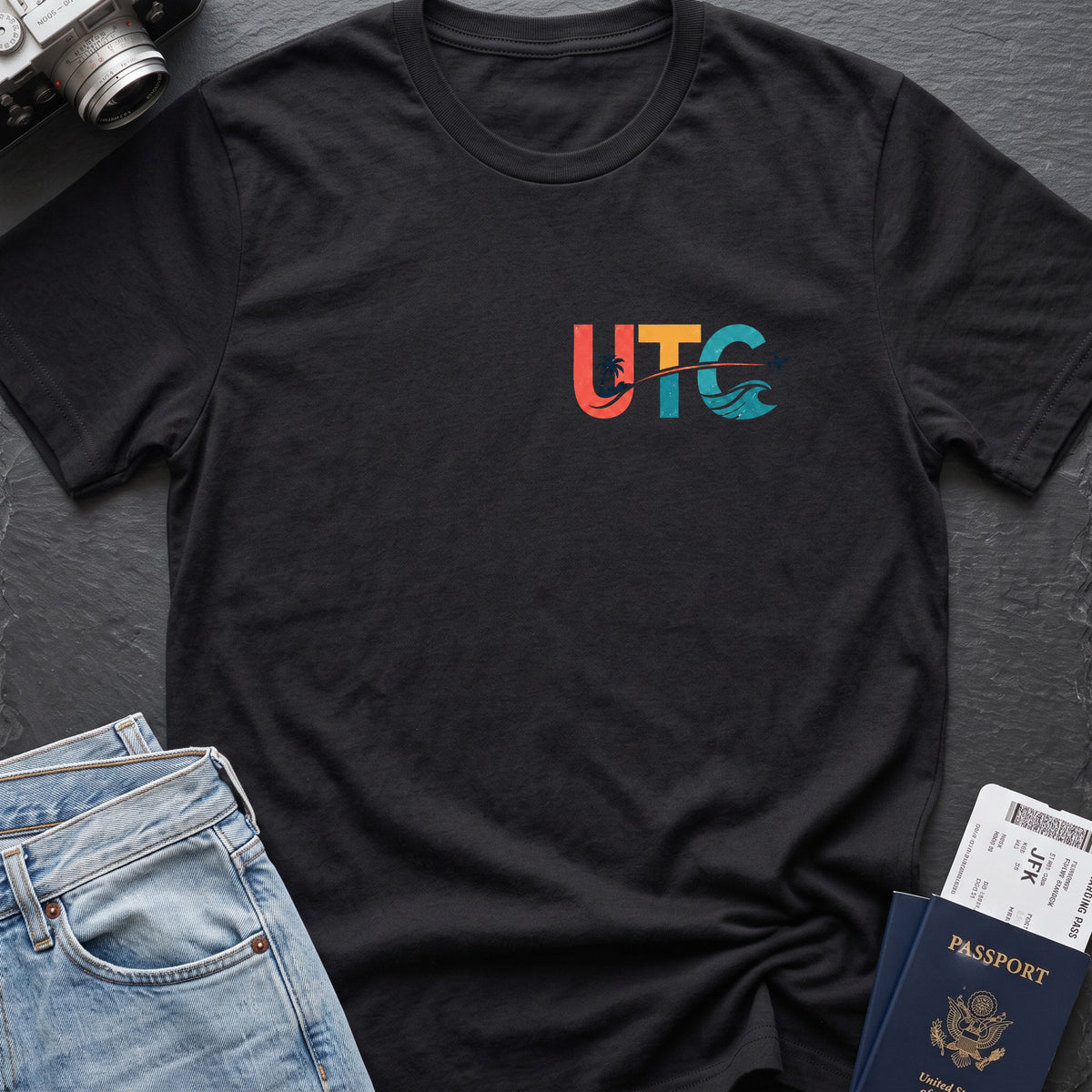 Surfs Up T-Shirt in Black, front view.