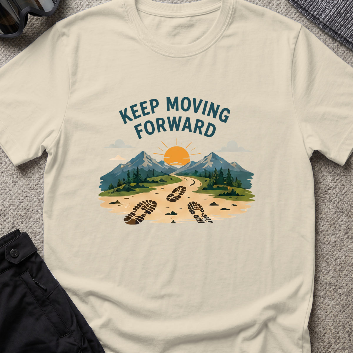 Keep Moving Forward T-Shirt in Sand, front view.