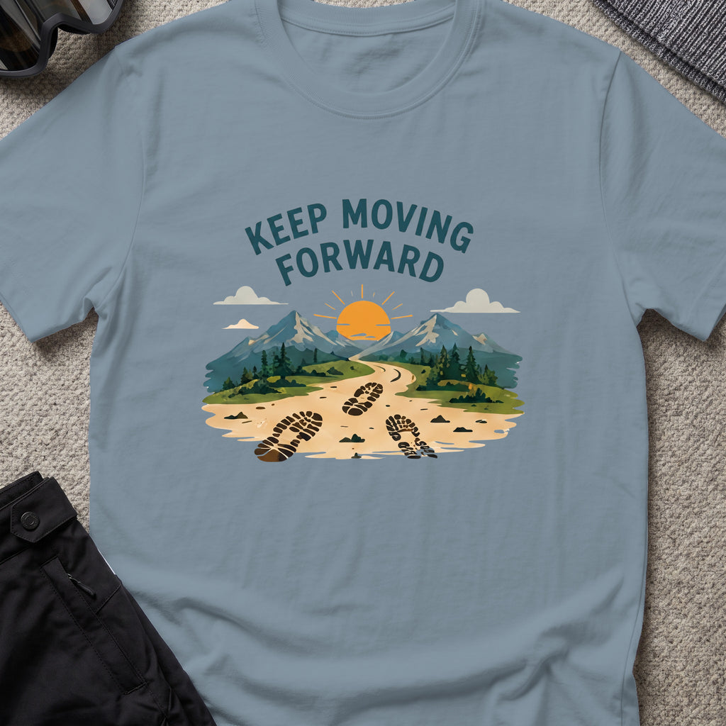 Keep Moving Forward T-Shirt in Stone Blue, front view.