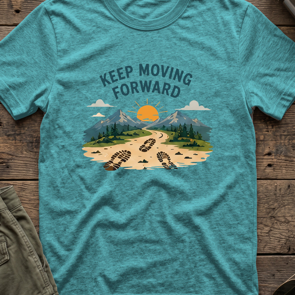 Keep Moving Forward T-Shirt in Heather Galapagos Blue, front view.