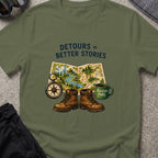 Detours = Better Stories T-Shirt in Military Green, front view.
