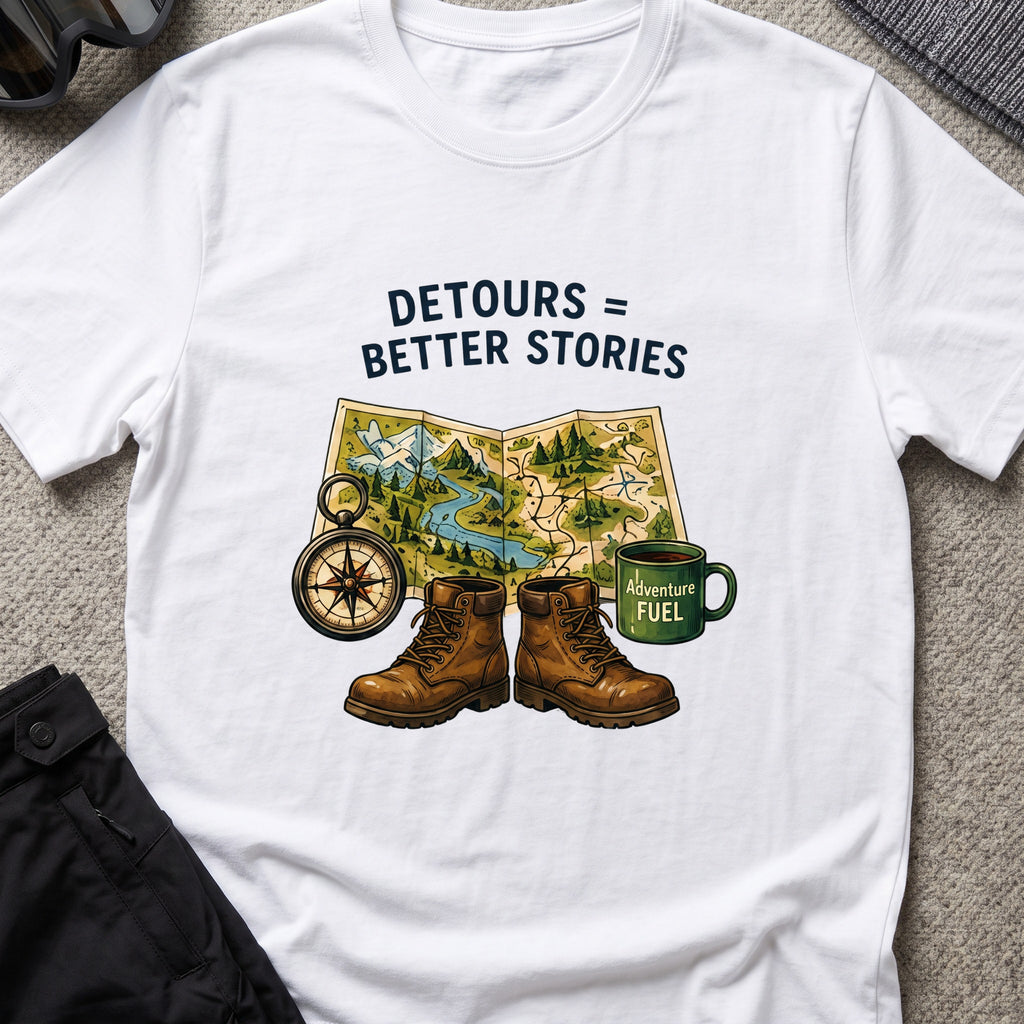 Detours = Better Stories T-Shirt in White, front view.