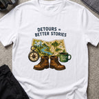 Detours = Better Stories T-Shirt in White, front view.