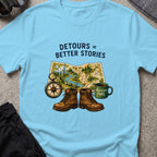 Detours = Better Stories T-Shirt in Sky, front view.