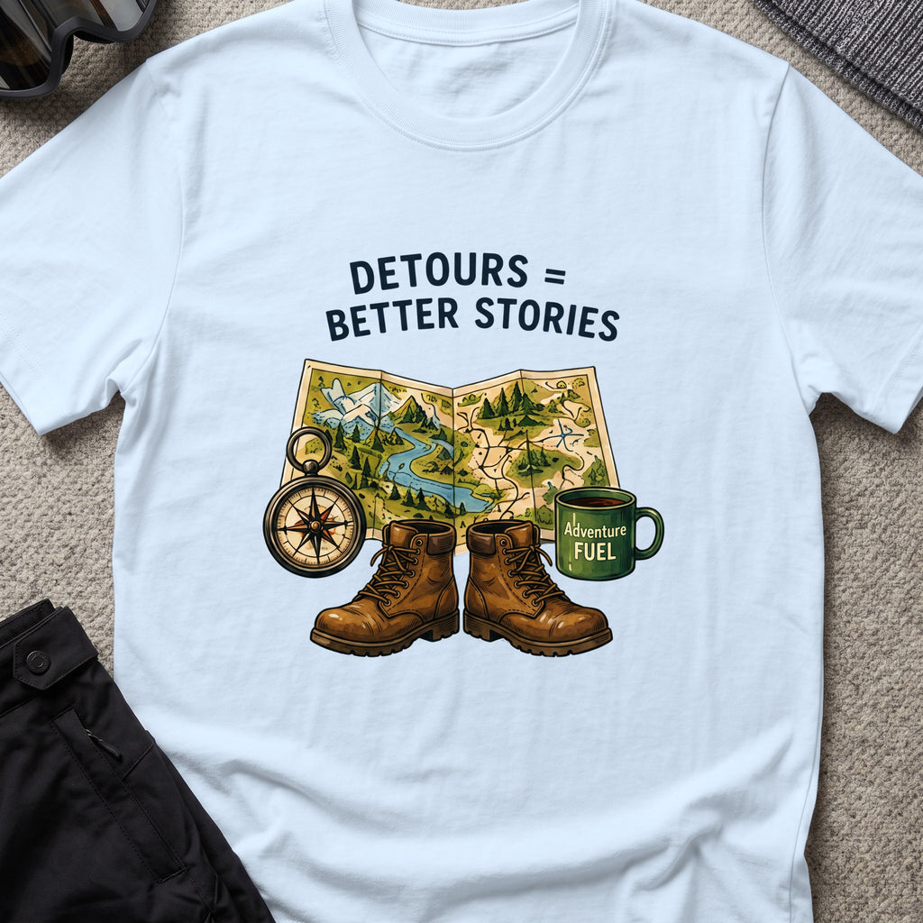 Detours = Better Stories T-Shirt in Light Blue, front view.