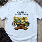 Detours = Better Stories T-Shirt in Light Blue, front view.