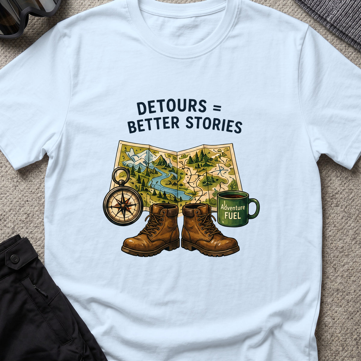 Detours = Better Stories T-Shirt in Light Blue, front view.