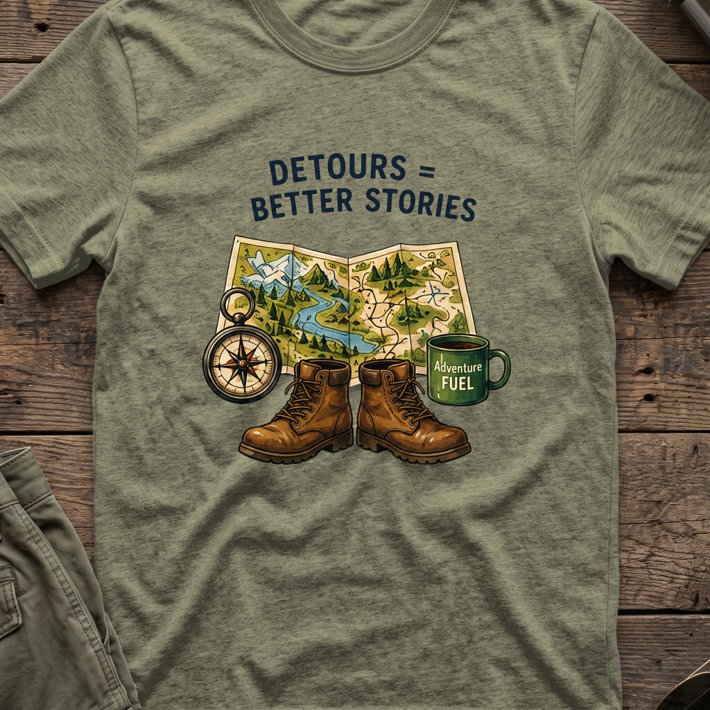 Detours = Better Stories T-Shirt in Heather Military Green, front view.