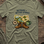 Detours = Better Stories T-Shirt in Heather Military Green, front view.