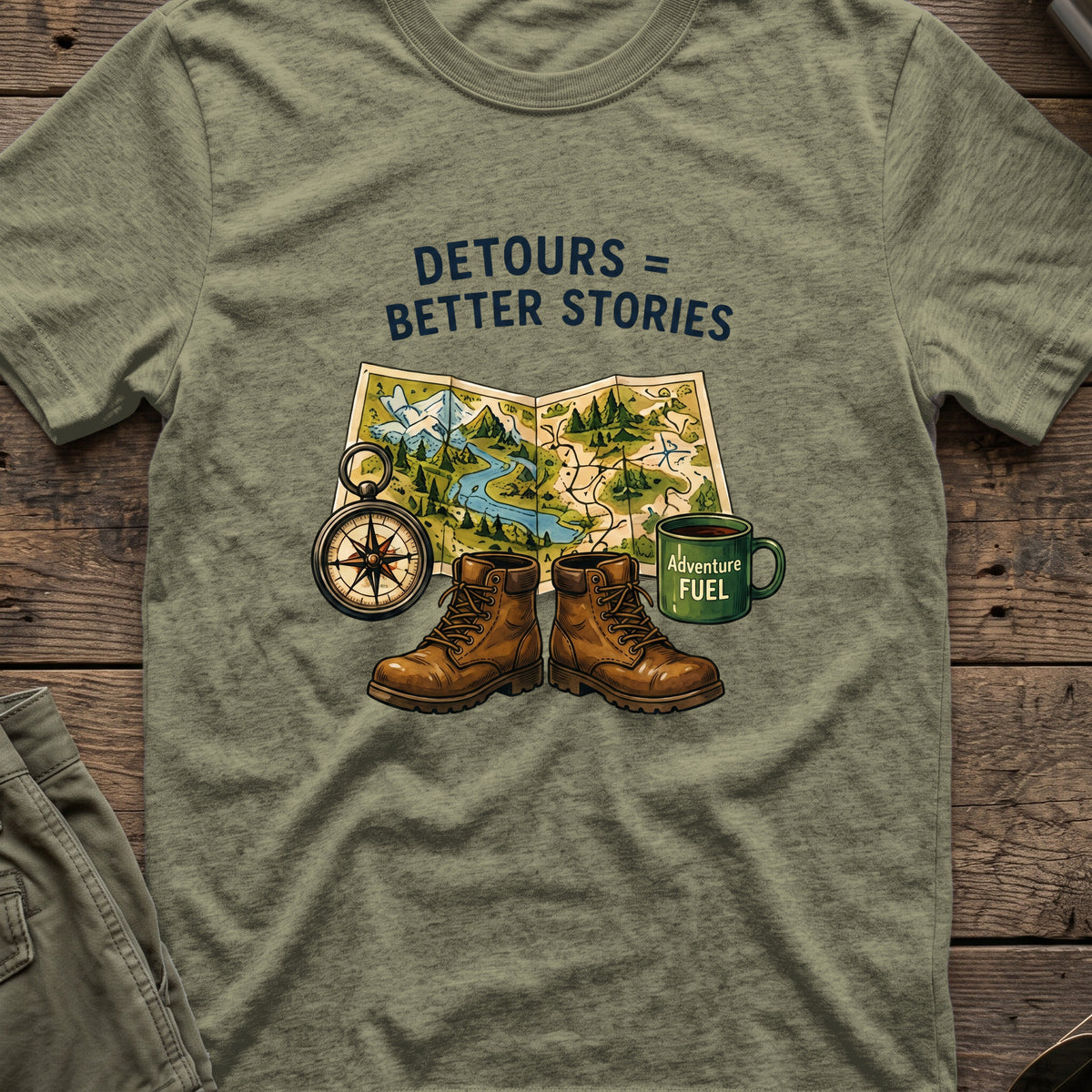 Detours = Better Stories T-Shirt in Heather Military Green, front view.