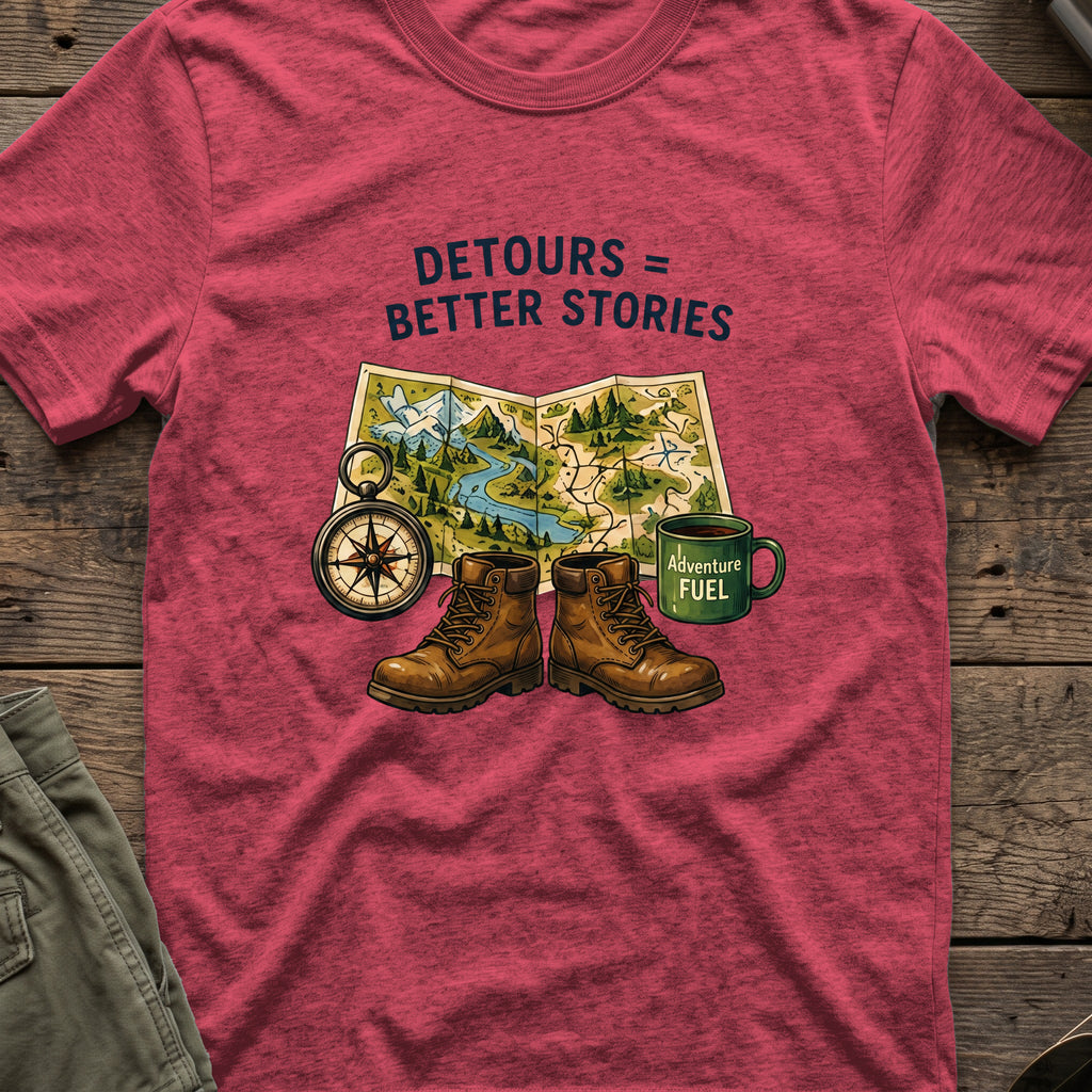 Detours = Better Stories T-Shirt in Heather Cardinal, front view.