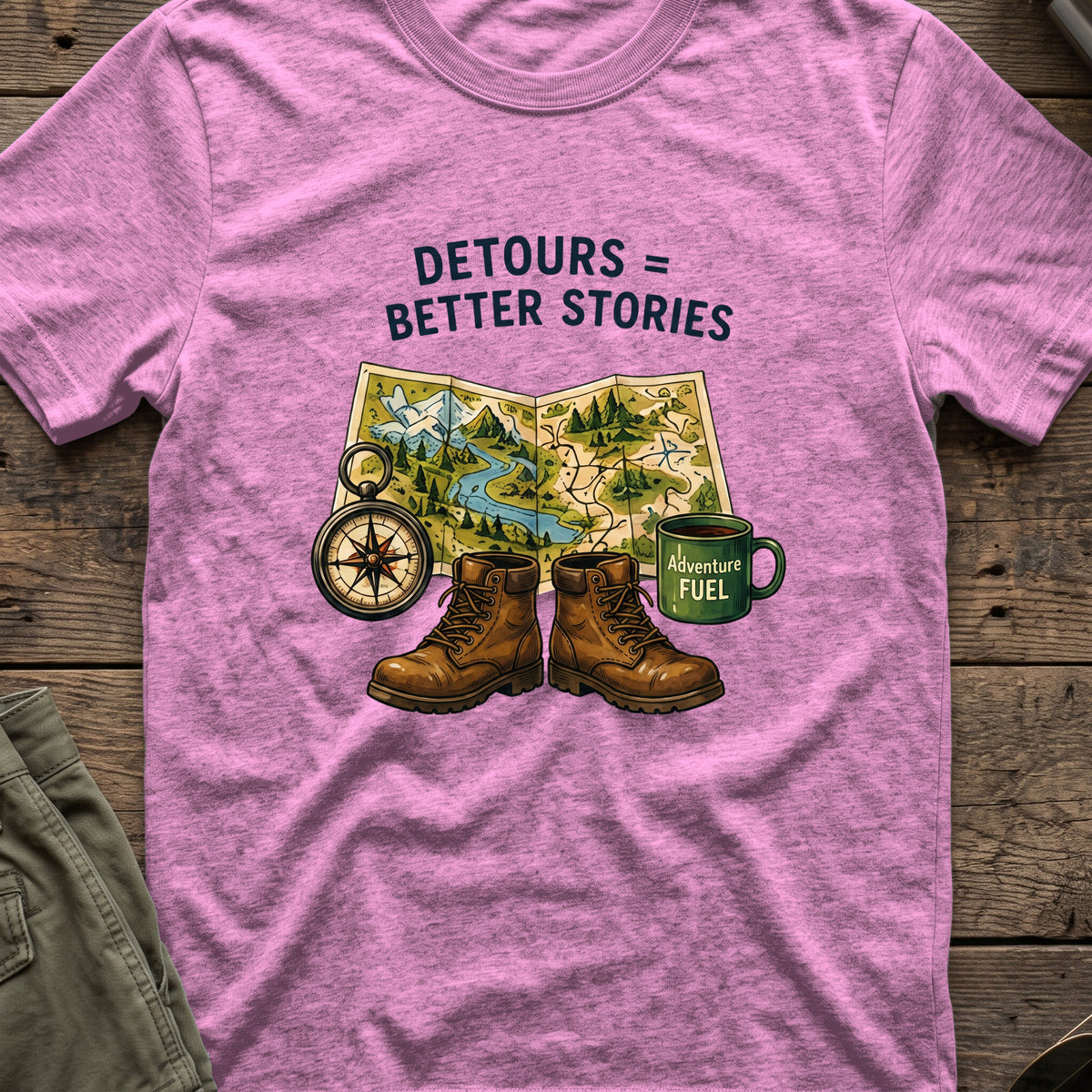 Detours = Better Stories T-Shirt in Heather Radiant Orchid, front view.