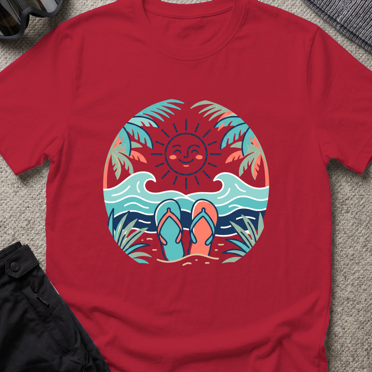 Flip Flops in the Sand T-Shirt in Antique Cherry Red, front view.