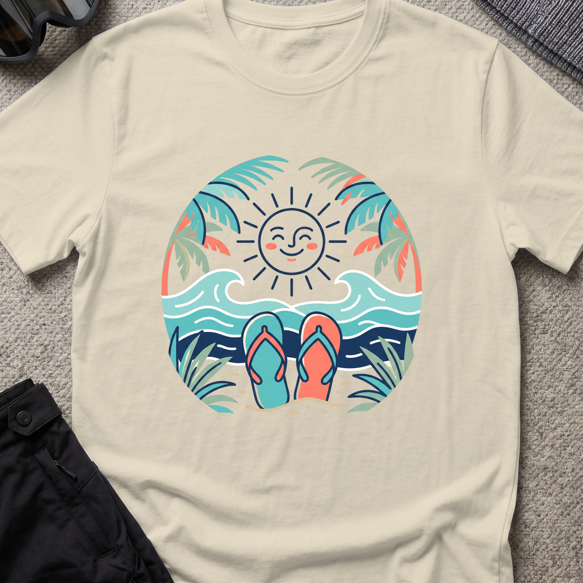 Flip Flops in the Sand T-Shirt in Sand, front view.
