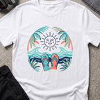 Flip Flops in the Sand T-Shirt in White, front view.