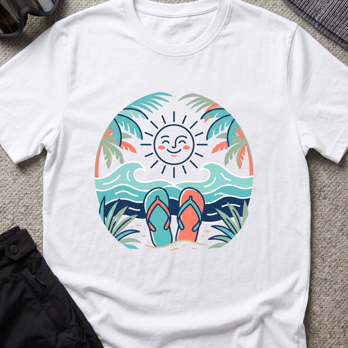 Flip Flops in the Sand T-Shirt in White, front view.