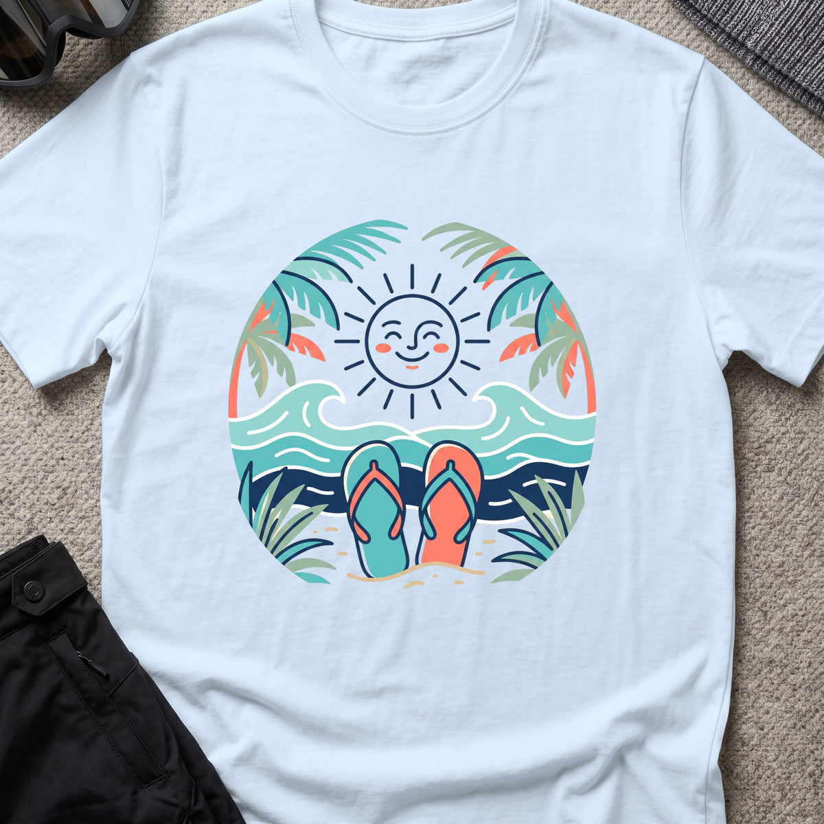 Flip Flops in the Sand T-Shirt in Light Blue, front view.