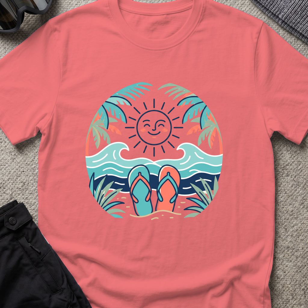 Flip Flops in the Sand T-Shirt in Coral Silk, front view.
