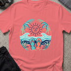 Flip Flops in the Sand T-Shirt in Coral Silk, front view.