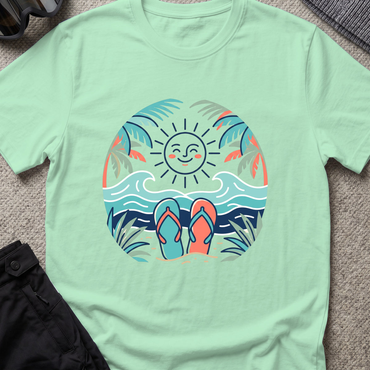Flip Flops in the Sand T-Shirt in Mint Green, front view.