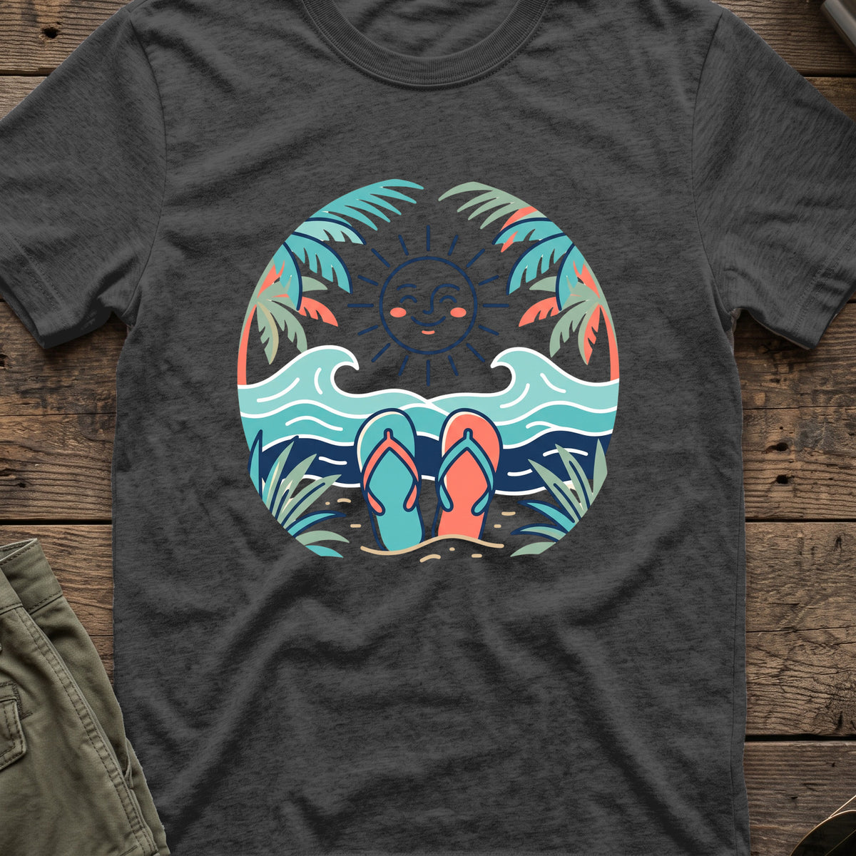 Flip Flops in the Sand T-Shirt in Dark Heather, front view.