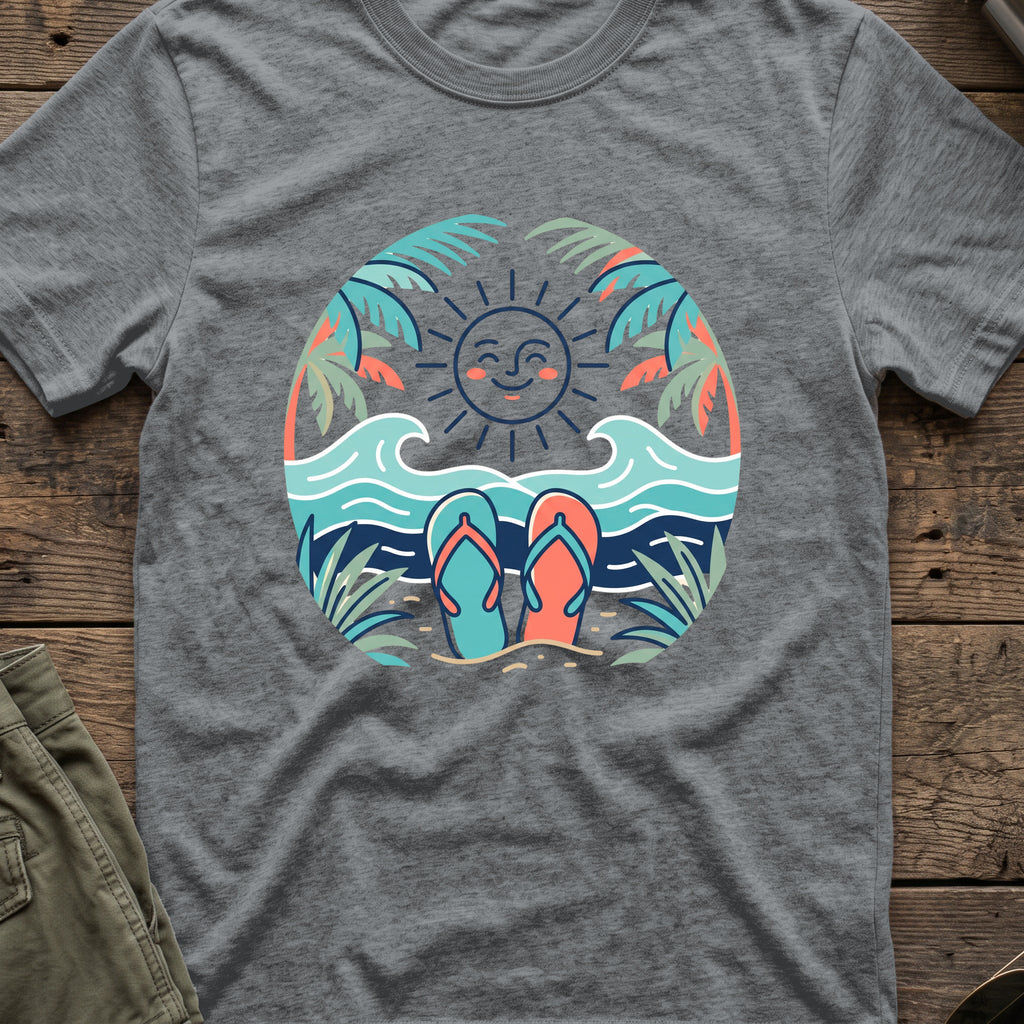Flip Flops in the Sand T-Shirt in Graphite Heather, front view.
