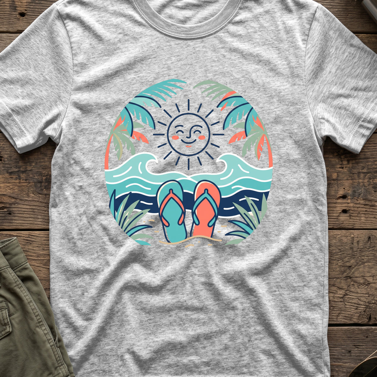 Flip Flops in the Sand T-Shirt in Sport Grey, front view.