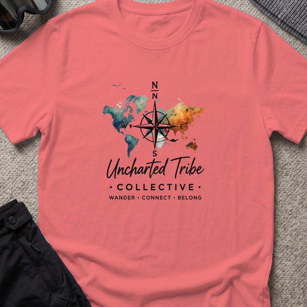 Uncharted World T-Shirt in Coral Silk, front view.