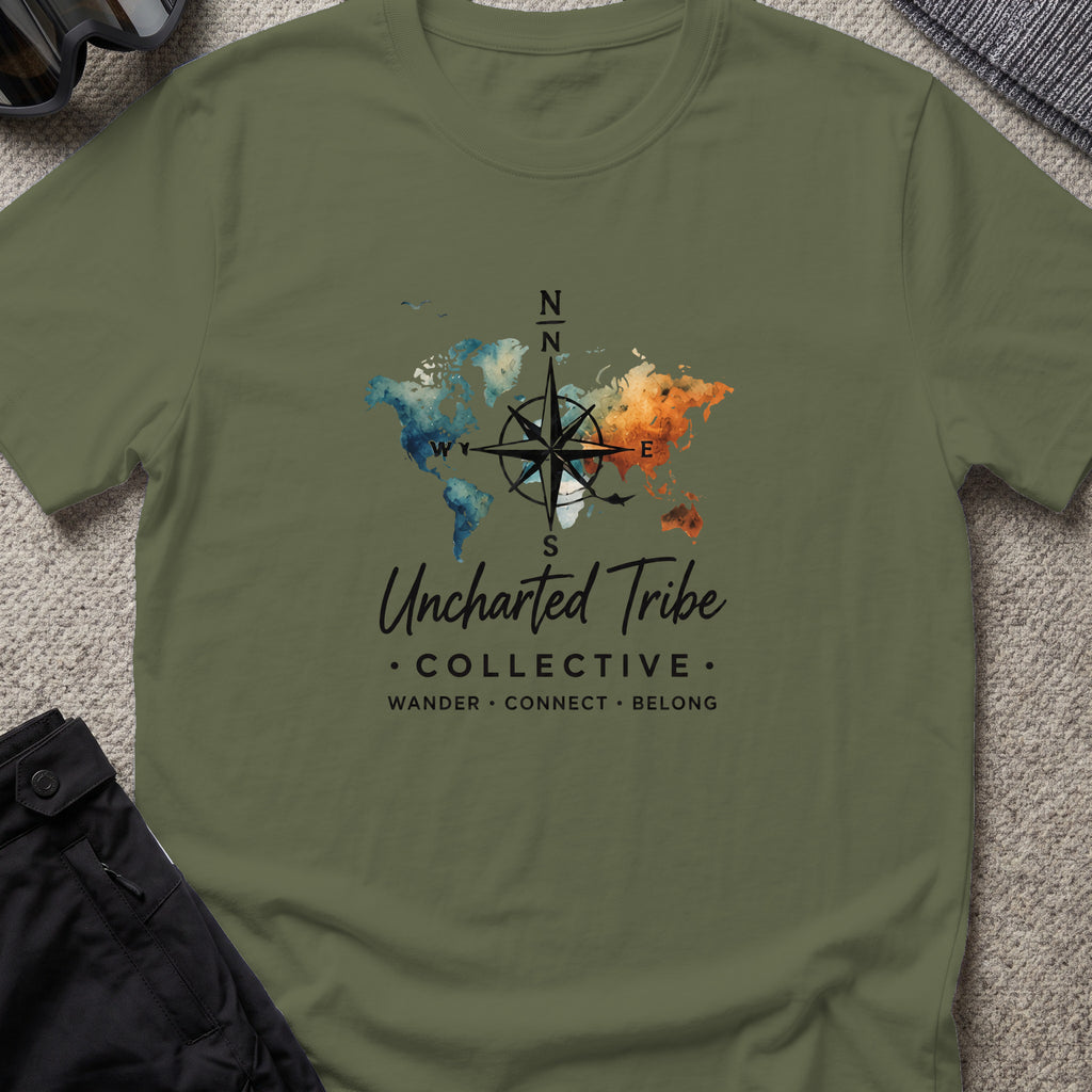 Uncharted World T-Shirt in Military Green, front view.